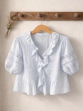 aerie Light Blue Ruffled Button-Front Blouse Size S